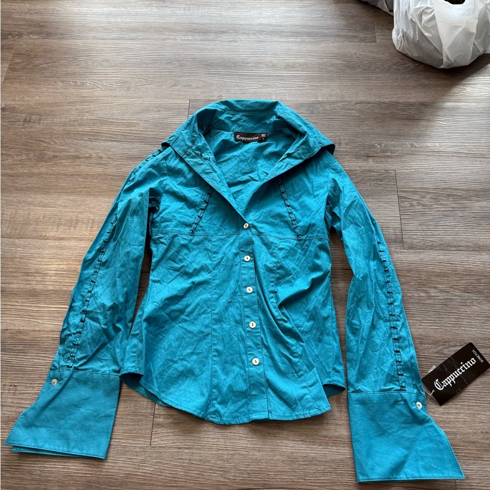 Y2K Cappuccino Teal Button Up Blouse